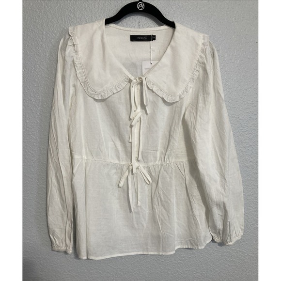 Zesica Tops - Zesica Women's White Tie Front Hidden Button Wide Collar Long Sleeve Top - SZ S